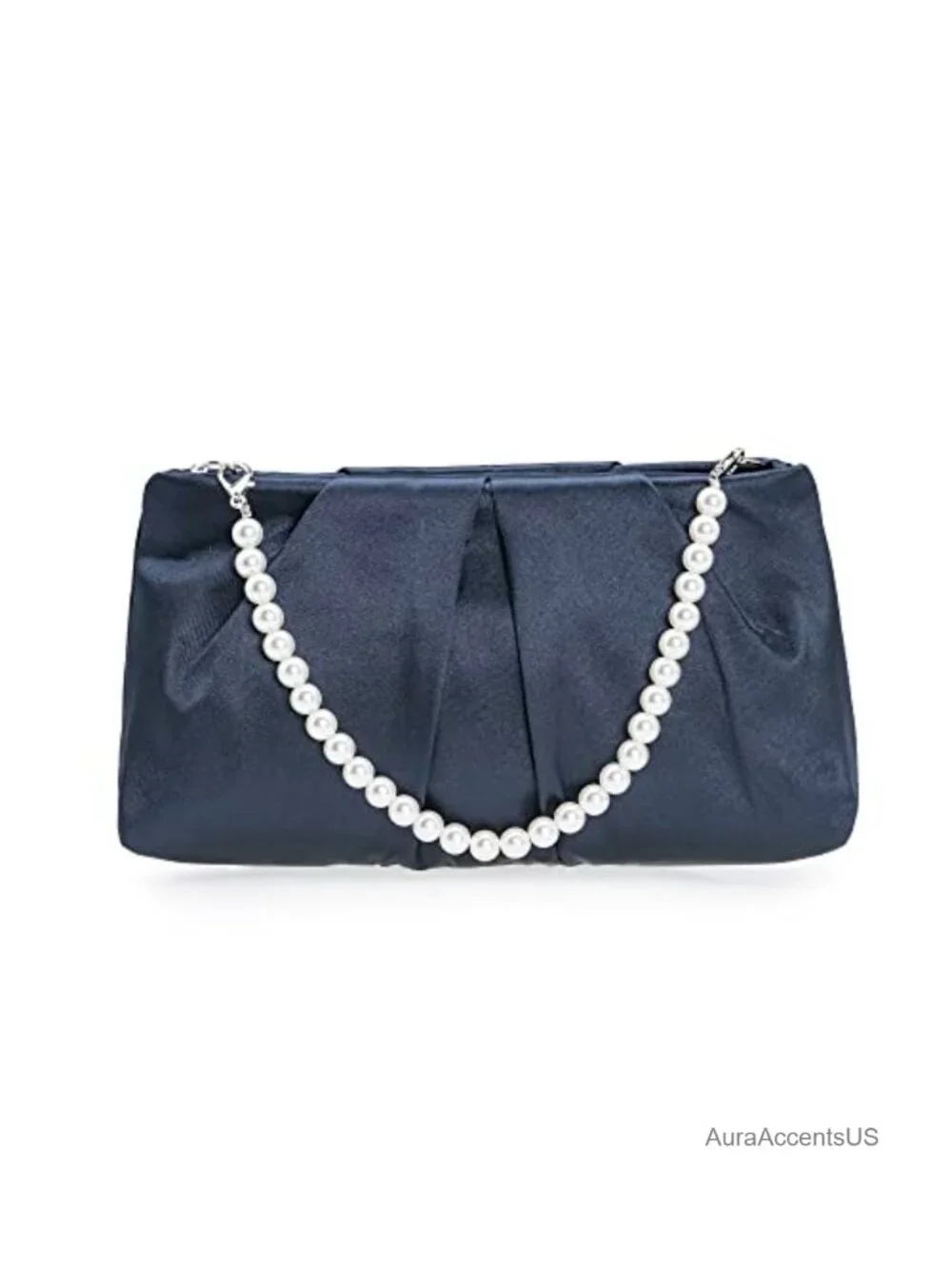 Satin Pleated Evening Clutch with Removable Chain and Pearl Straps